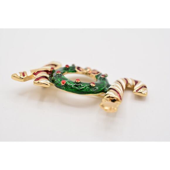 Vintage Christmas JOY Pin Brooch Wreath Enamel Candy Cane Holiday NOS 80s BinA9 - Picture 8 of 12